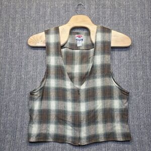 Vintage 10 East Plaid Vest Medium Cropped Flannel Herringbone Zip Brown Green